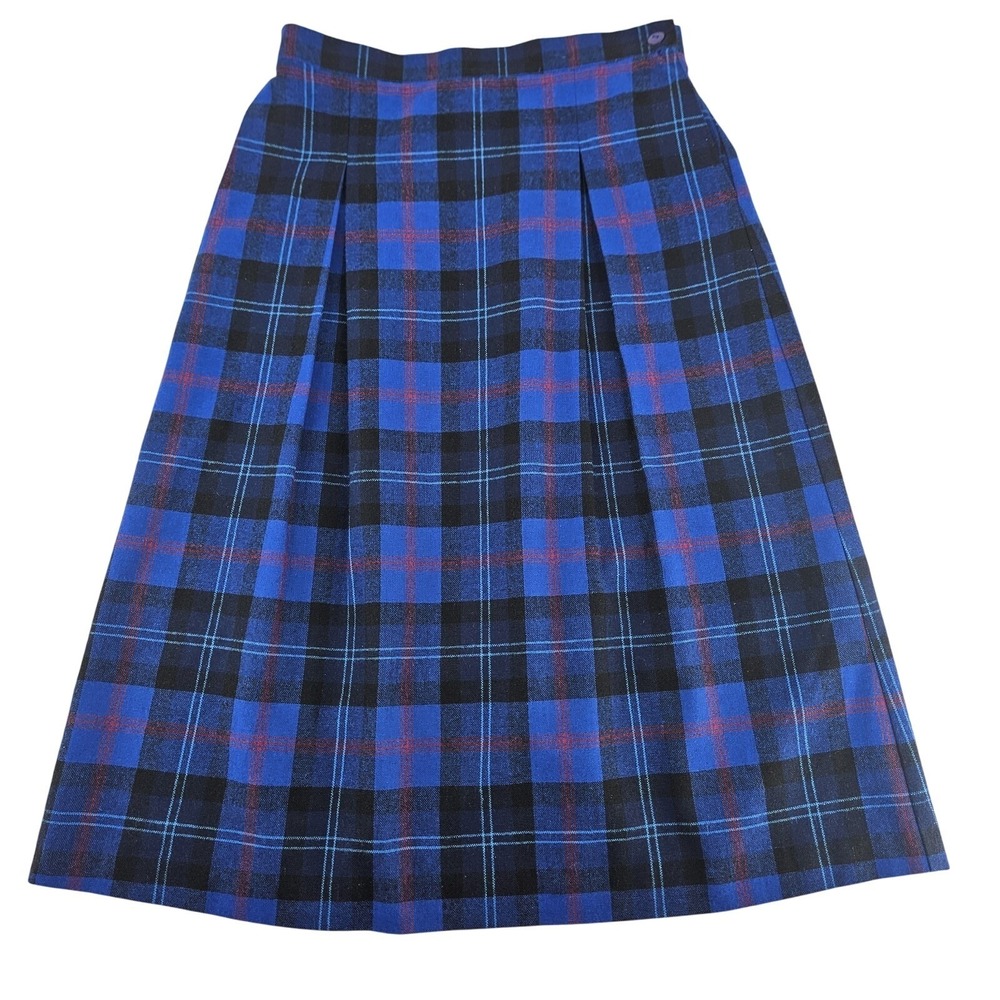 Vtg 90s That's Me Wool Pleated Plaid Midi‎ Skirt Blue Black 11/12 ~28" Waist